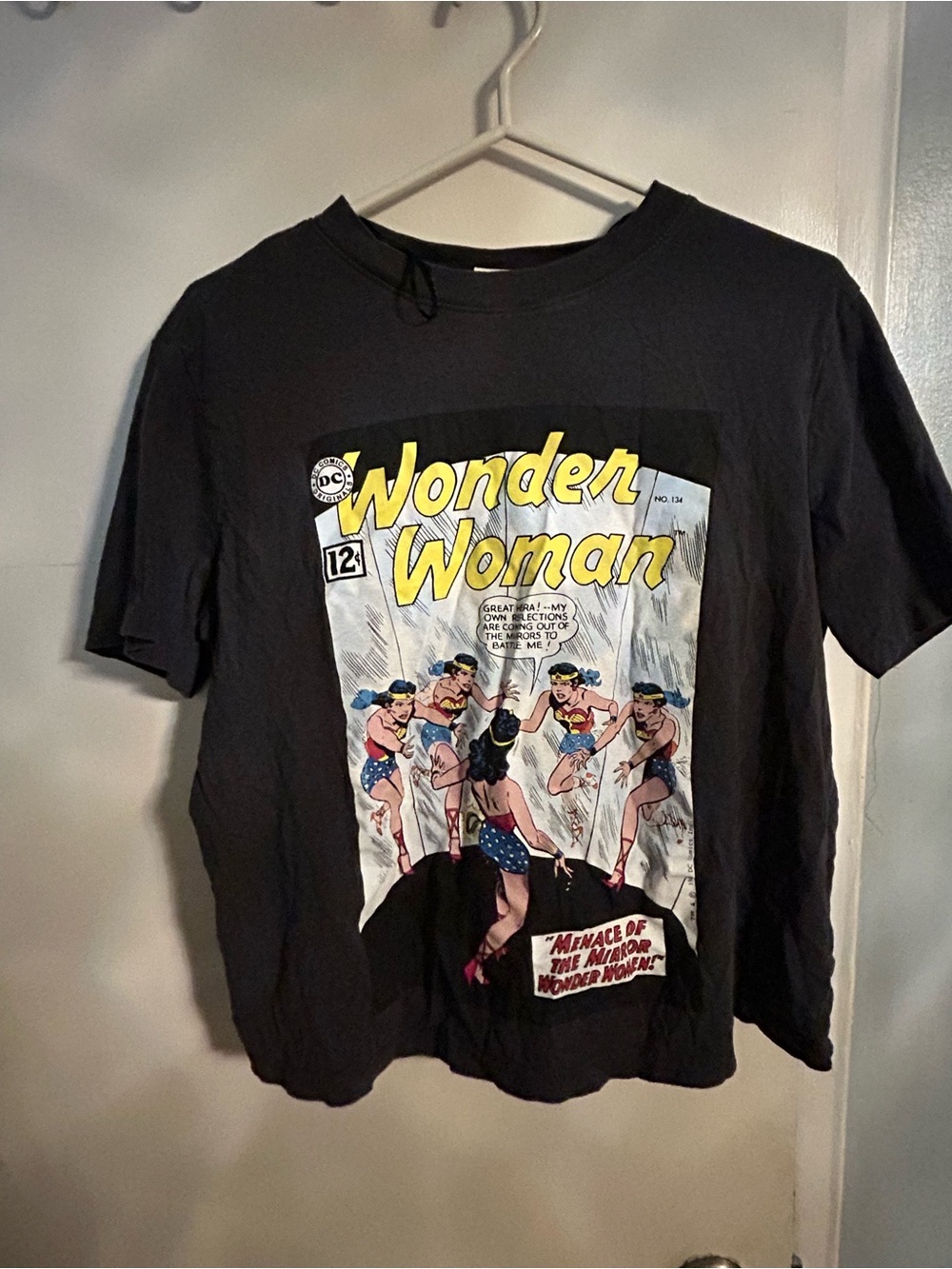 DC Comics Wonder Woman Black Tee with Yellow Logo and Multicolor Comic Print